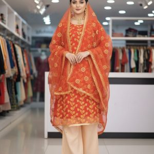 Organza Three Piece  (সেমি-স্টিচড অর্গানজা থ্রি-পিস)